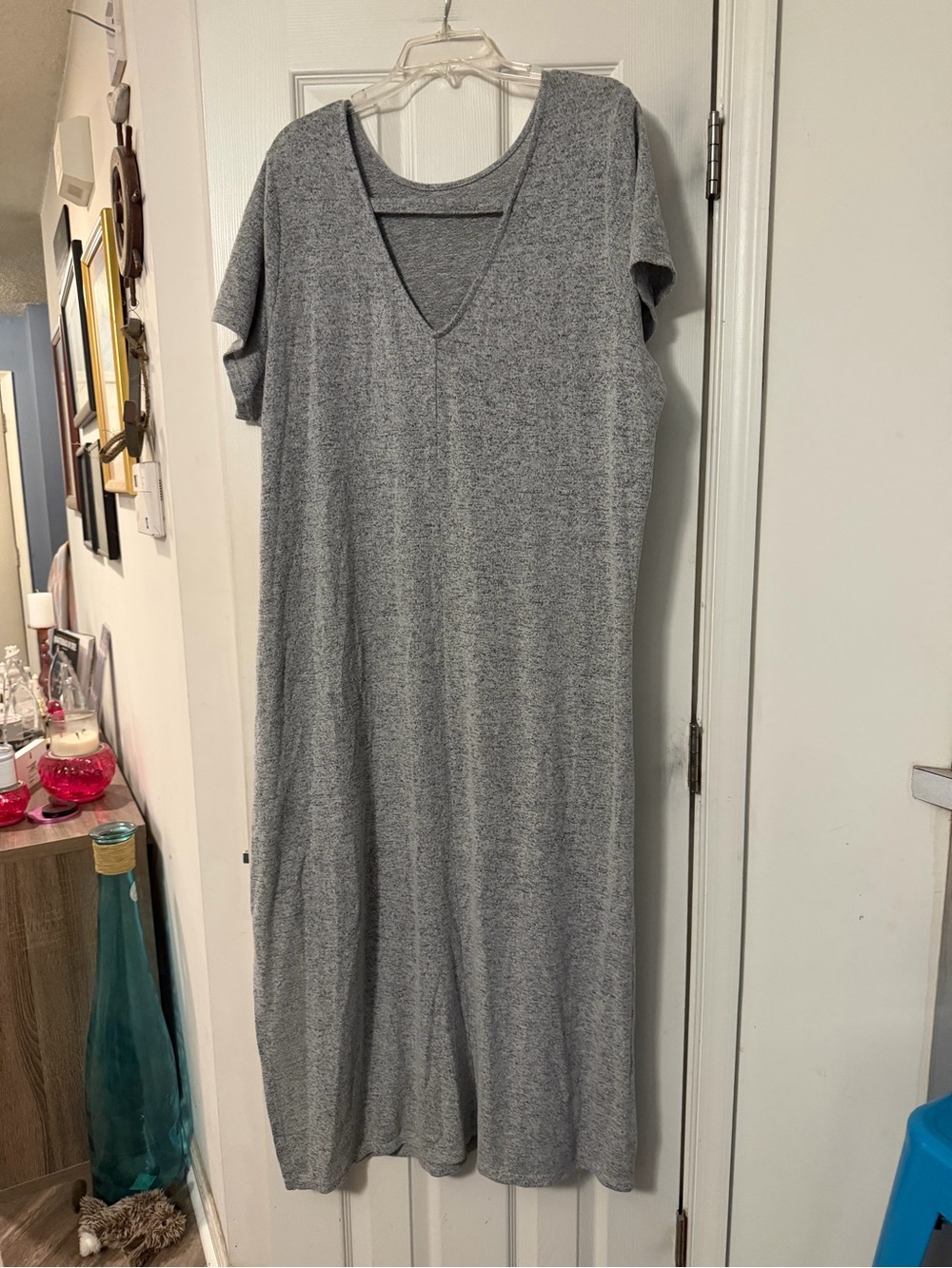 Women's Grey Short-Sleeve Maxi Nightgown with Side Slits - Picture 2 of 3